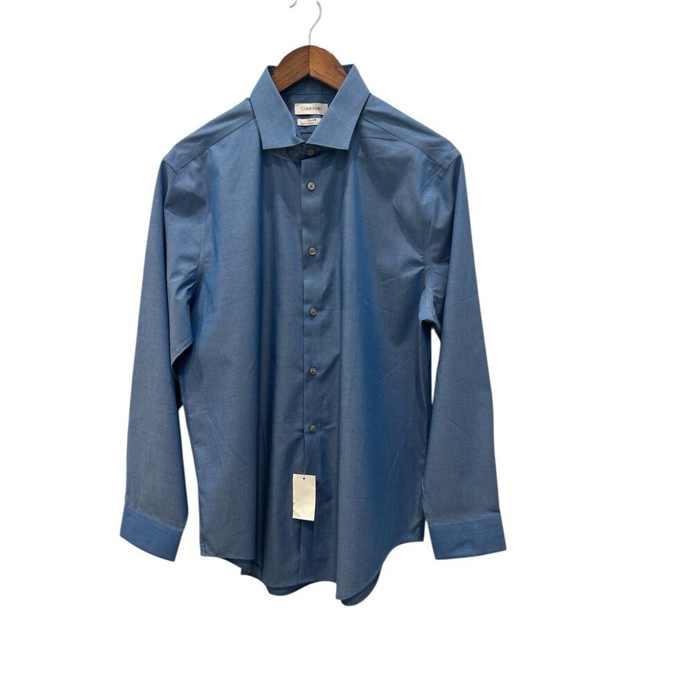 Calvin Klein Mens Regular-Fit Blue Stretch Dress Shirt Size L 16.5 32/33